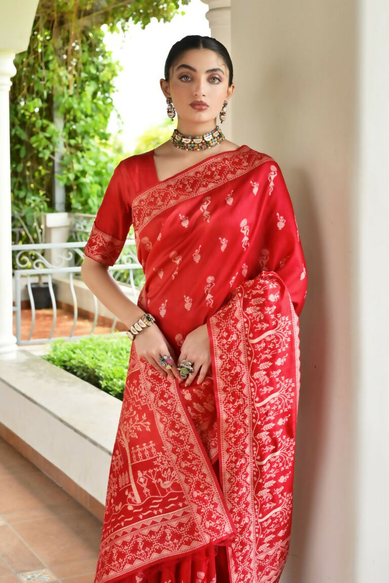 Vishnu Weaves Women's Red Handloom Raw Silk Thread Weaving Saree with Blouse - Swadesiicart