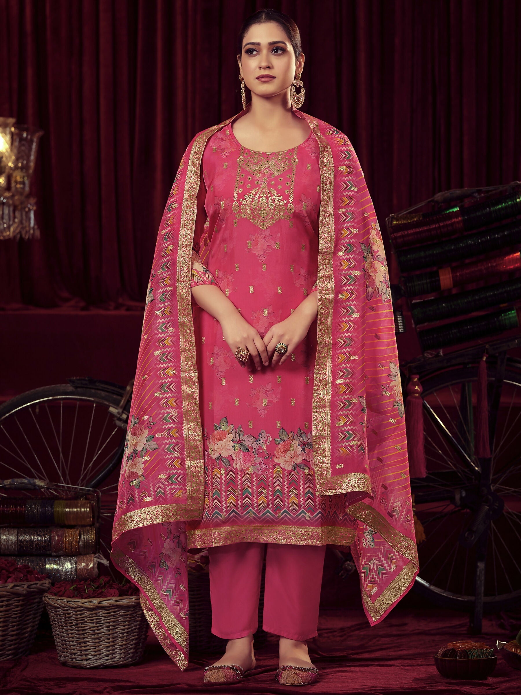 Jyoti Fashion Women's Magenta Organza Jacquard Woven Kurta with Trouser & Dupatta | Swadesiicart