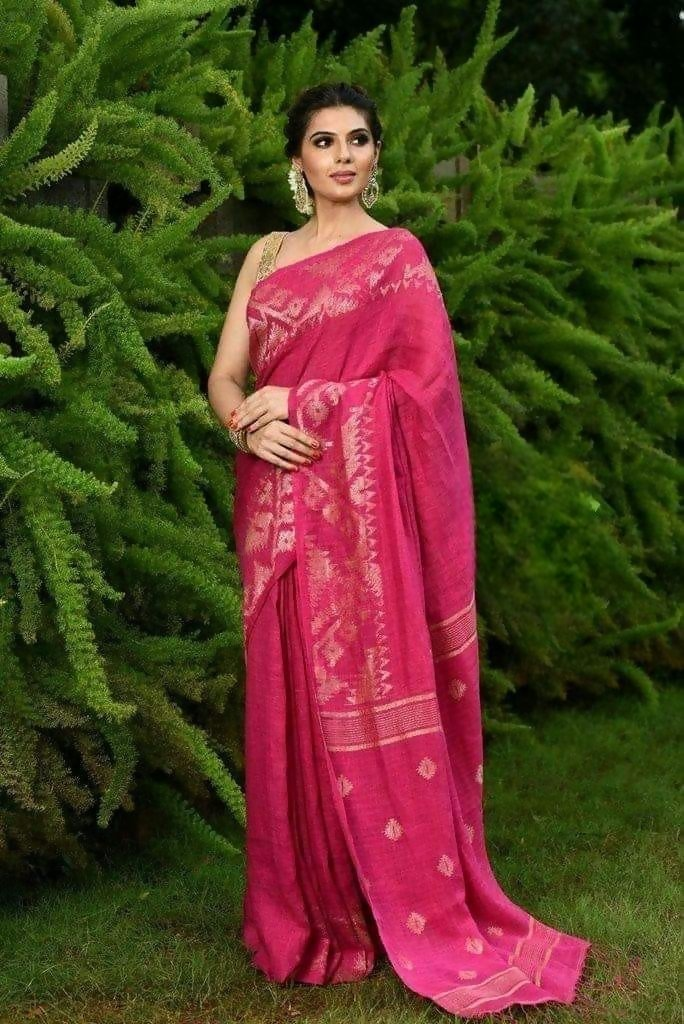 Exclusive Collection Pink Beautiful Linen Jamdani Saree - Swadesiicart