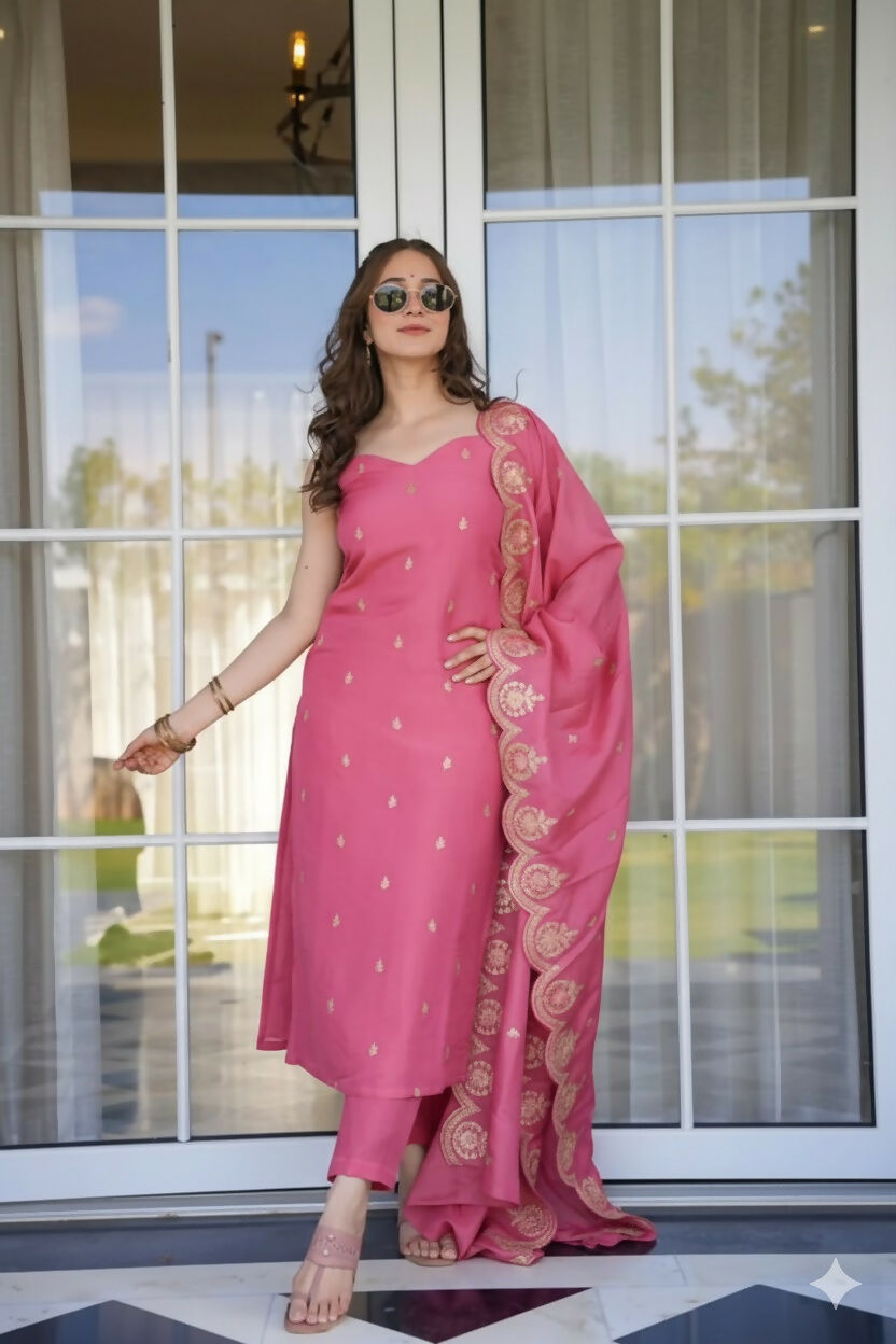The52 Peach Women's Viscose Zari Chanderi Fabric Embroidered Work Straight Kurta, Pant and Dupatta Set - Swadesiicart