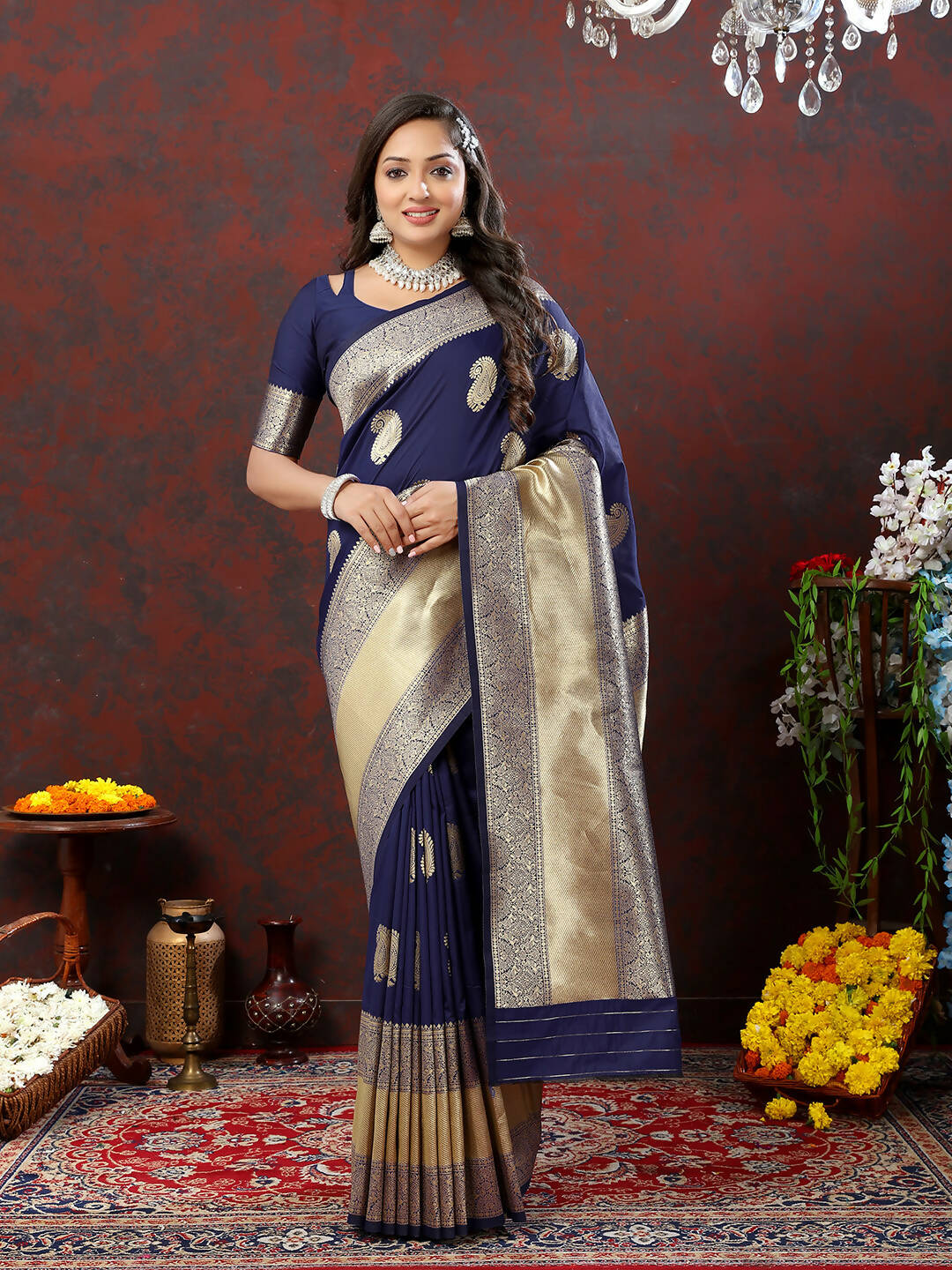 Lorenvalley Fashion Navyblue Soft Silk Woven Design Gold Zari Weaving Saree - Swadesiicart