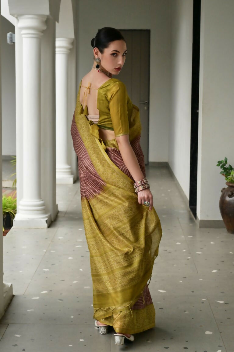 Vishnu Weaves Women's Pista Soft Tussar Silk Printed Saree with Blouse - Swadesiicart
