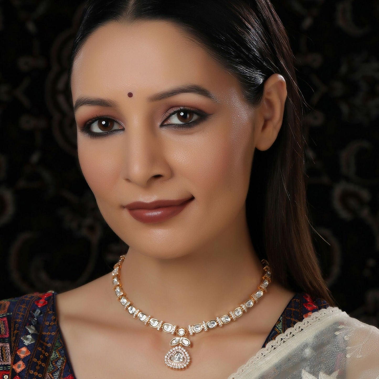 Gold and American Diamond Neckpiece with Pink Stone Center Piece (Gold) - Ruby Raang | Swadesiicart