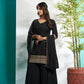 Aayaa Designer Faux Gorgette Embroidery Zari Sequins Thread work Full Flaired plazzo Suit with Dupatta - Black