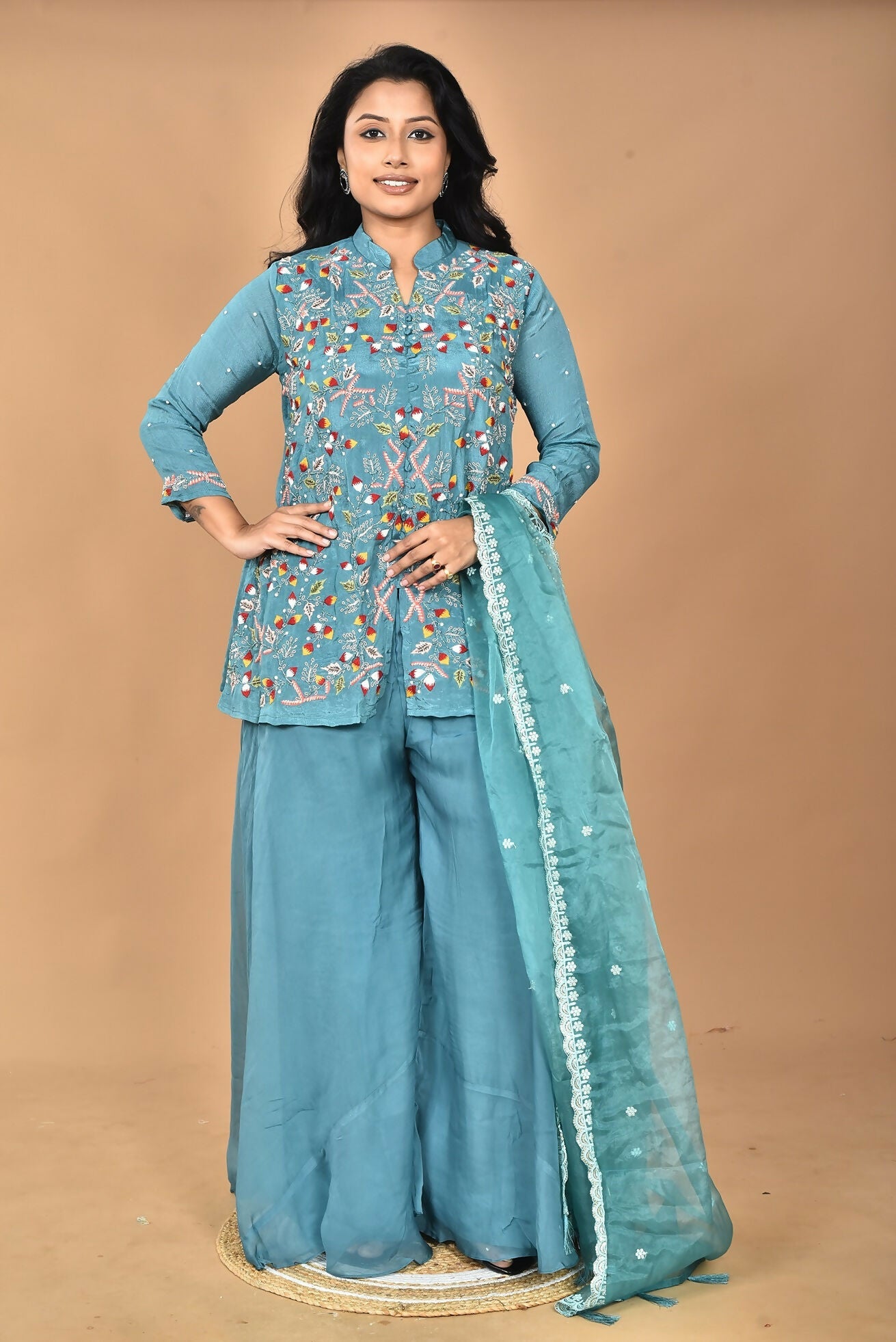 Morchari Women And Hand Embroidery Palazzo Set-Green - Swadesiicart
