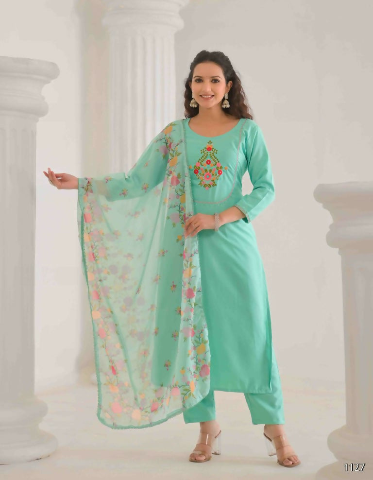 Ethnic Festive Wear Reyon Slub Tile Stitched Suit With Dupatta - Tanisha | Swadesiicart