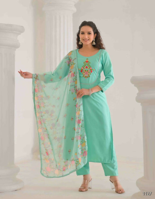 Ethnic Festive Wear Reyon Slub Tile Stitched Suit With Dupatta - Tanisha | Swadesiicart