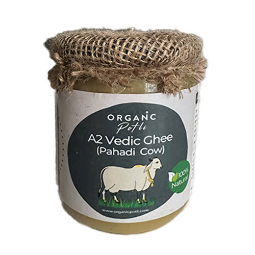 Organic Potli A2 Vedic Ghee Pahadi Cow |  A2 Gir Cow Organic A2 Ghee Vedic Bilona Method Grassfed Cultured Traditional Curd Bilona Ghee, Glass Bottle | Swadesiicart