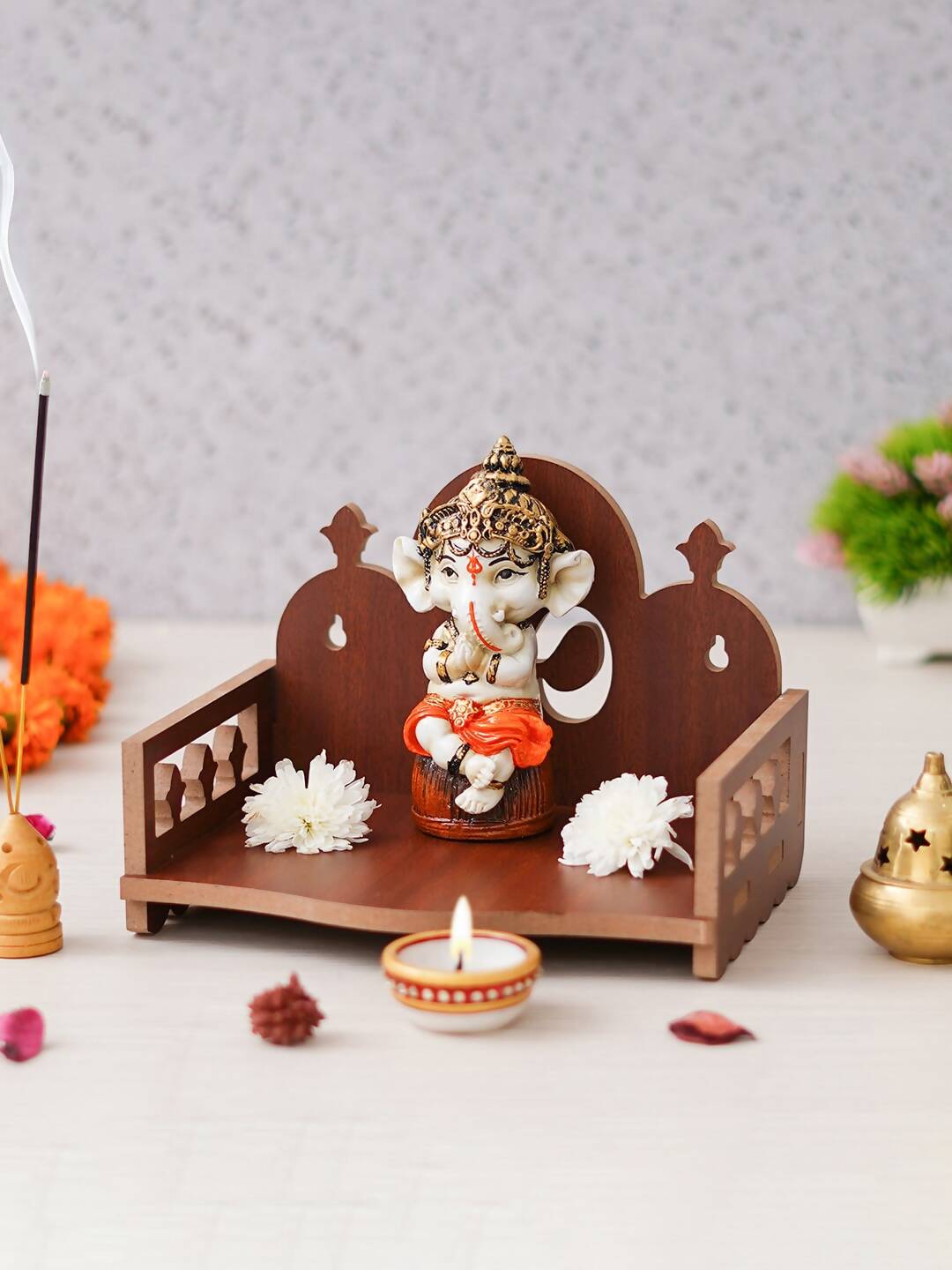 eCraftIndia Brown Om Symbol Decorative Wooden Pooja Temple | Swadesiicart