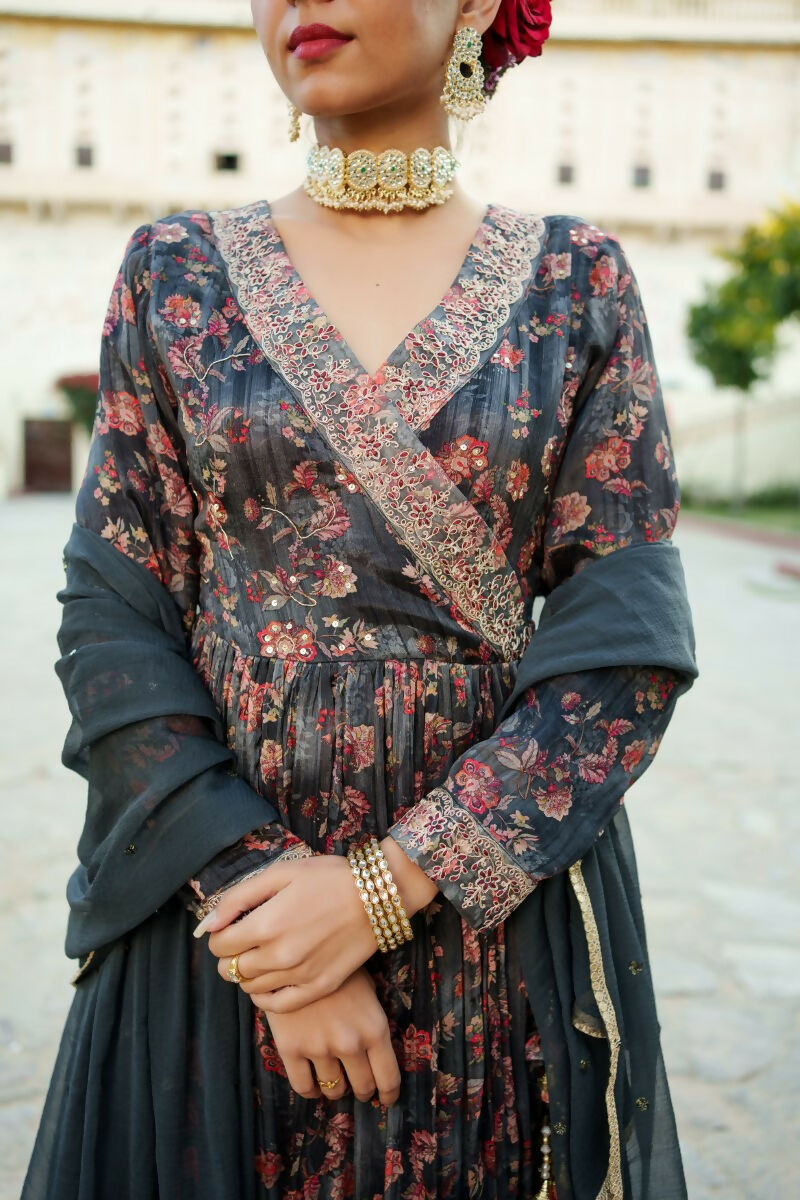 Vaasva Black Chinon Floral Embroidered Angrakha, Pant & Dupatta set | Swadesiicart
