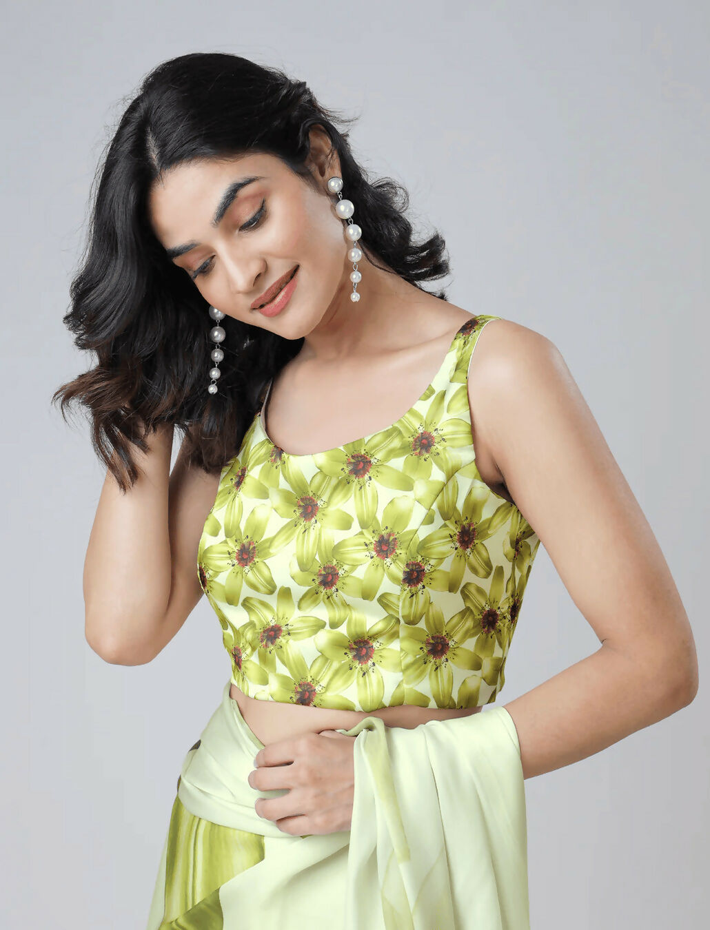 Vastranavya Mint Green Freehand Floral Print Ready to Wear Saree | Swadesiicart