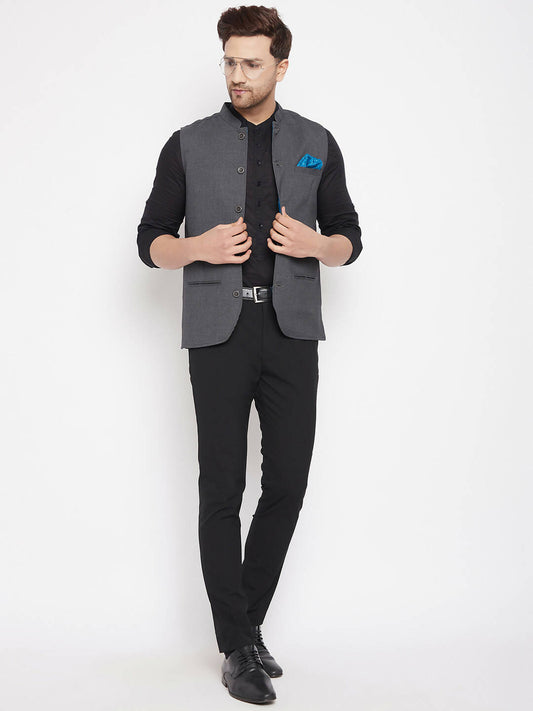 Even Apparels Grey Merino Men's Nehru Jacket-Contrast Lining-Free Pocket Square PW691 | Swadesiicart