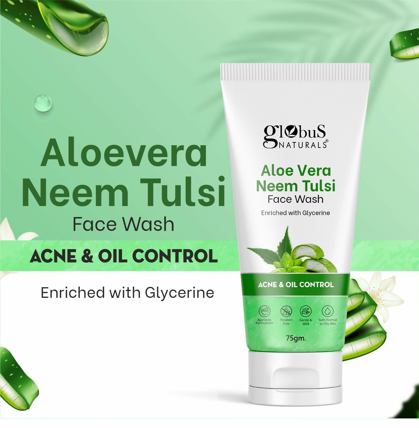 Globus Naturals Aloe vera Neem Tulsi Enriched With Glycerin & Oil Control Formula | Swadesiicart