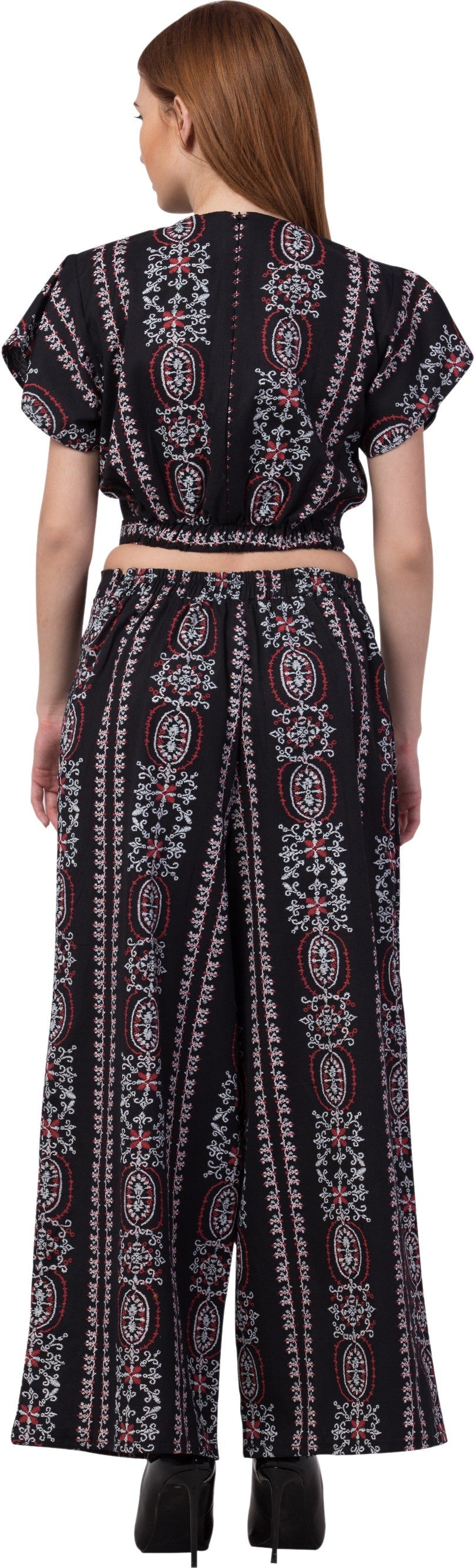 PAVONINE Black Color Printed Crop Top And Flared Palazzo Set For Girls & Women - Swadesiicart