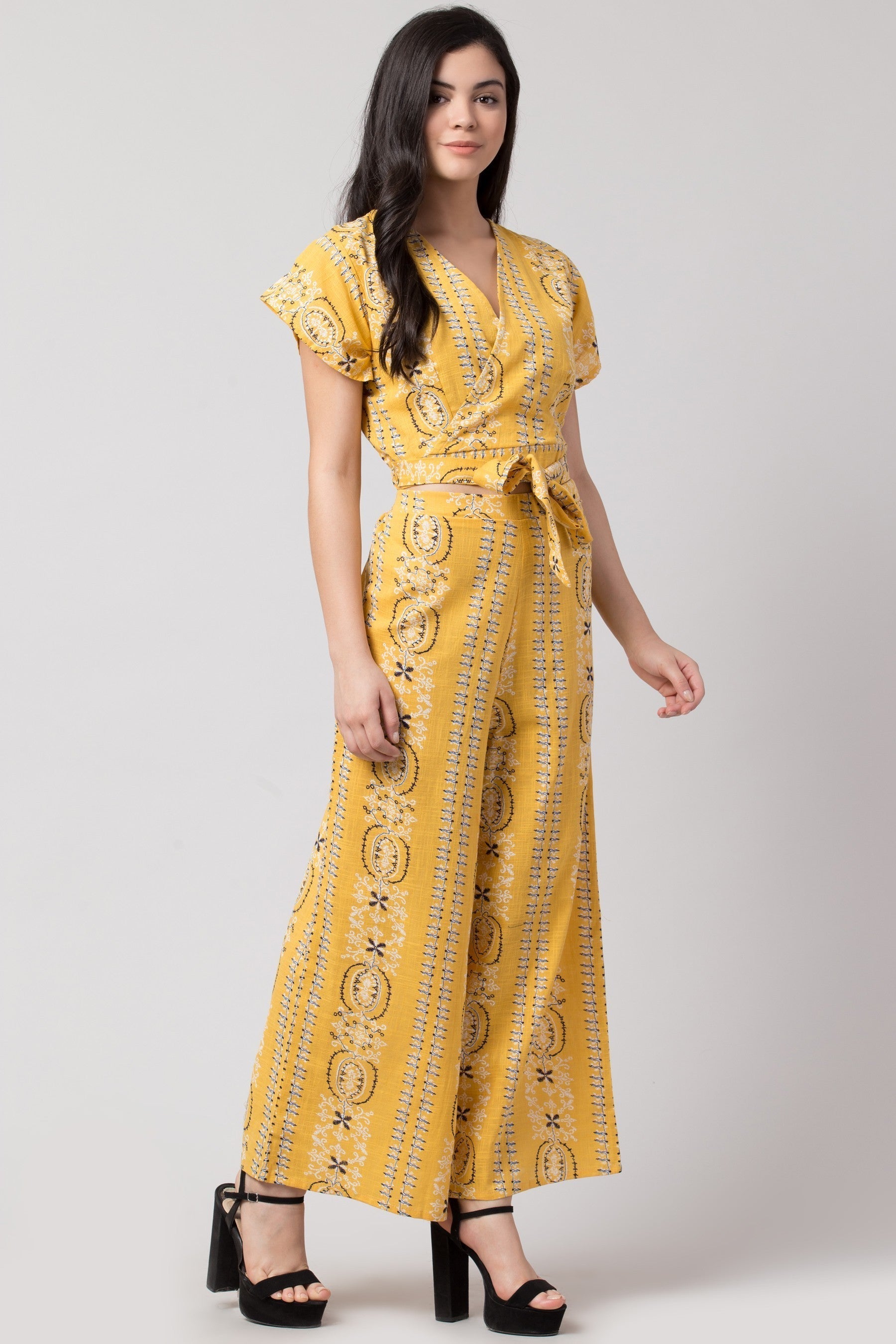 PAVONINE Mustard Color Printed Crop Top And Flared Palazzo Set For Girls & Women - Swadesiicart