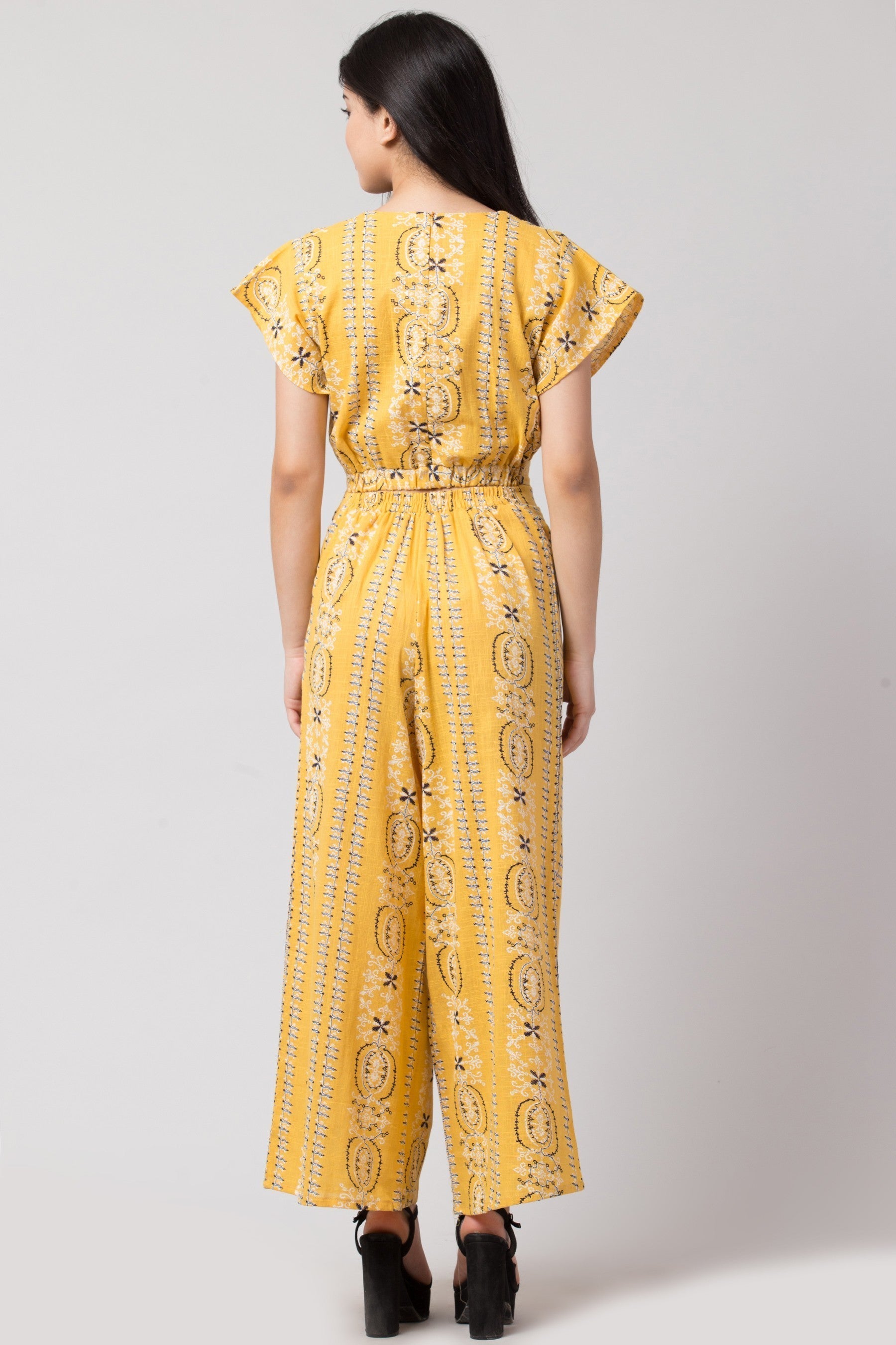 PAVONINE Mustard Color Printed Crop Top And Flared Palazzo Set For Girls & Women - Swadesiicart