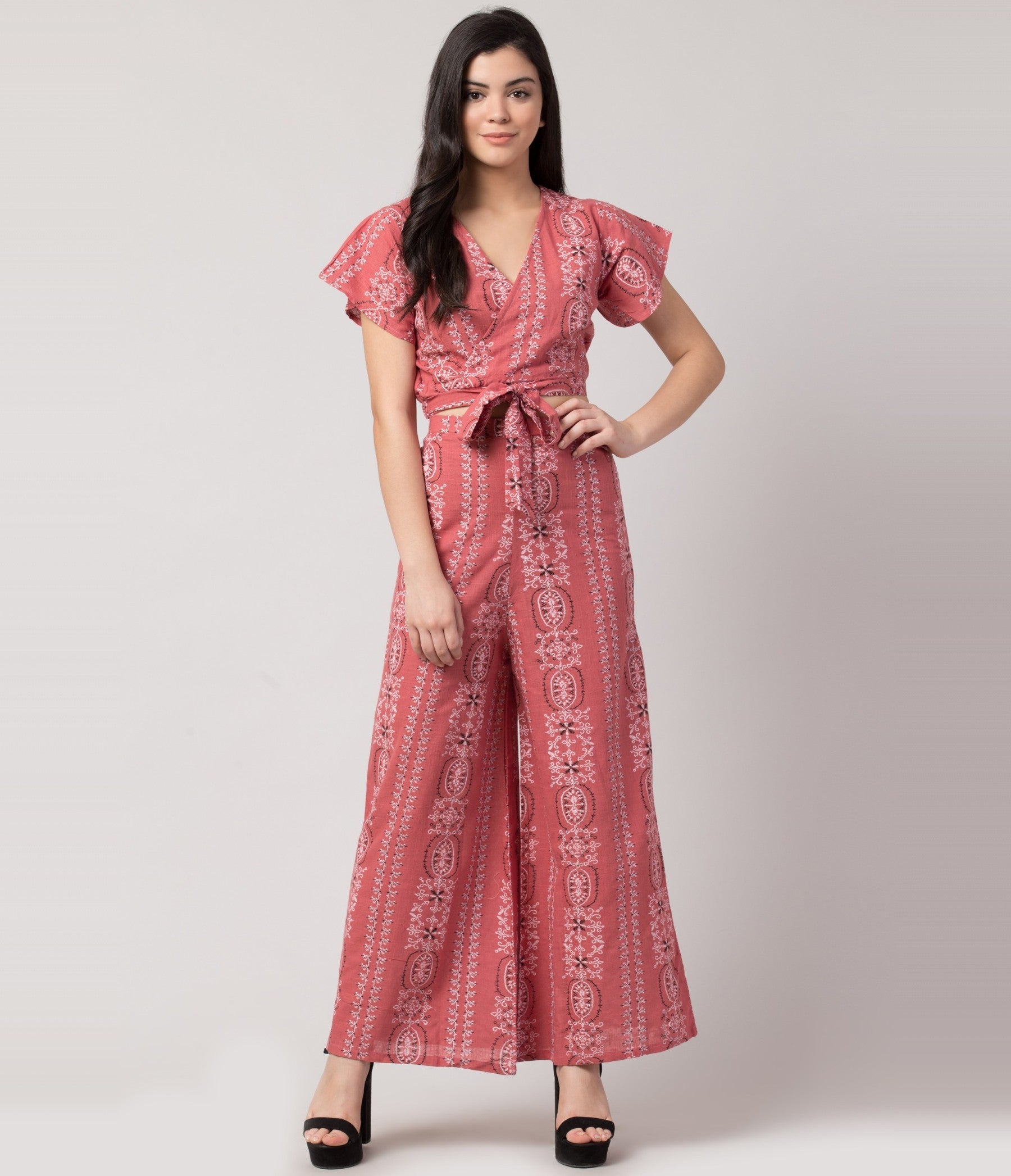 PAVONINE Peach Color Printed Crop Top And Flared Palazzo Set For Girls & Women - Swadesiicart