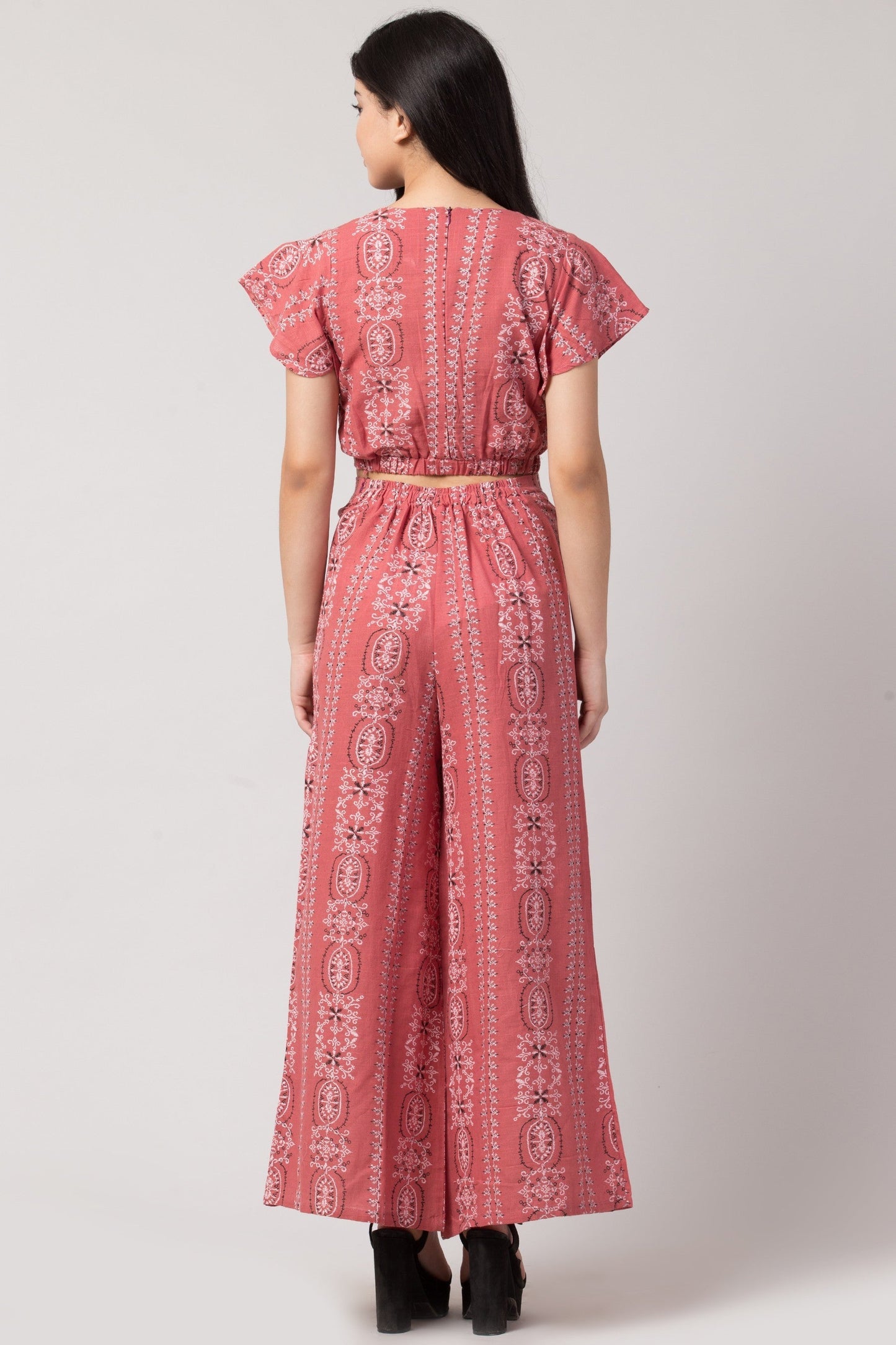 PAVONINE Peach Color Printed Crop Top And Flared Palazzo Set For Girls & Women - Swadesiicart
