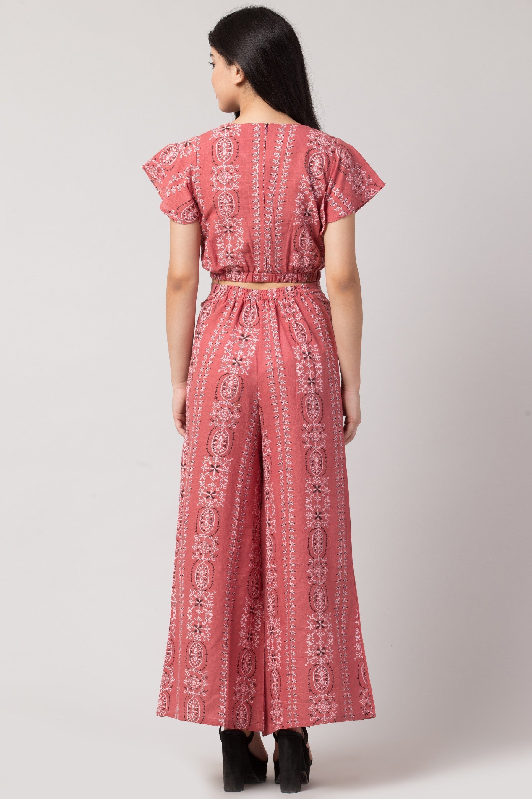 PAVONINE Peach Color Printed Crop Top And Flared Palazzo Set For Girls & Women - Swadesiicart