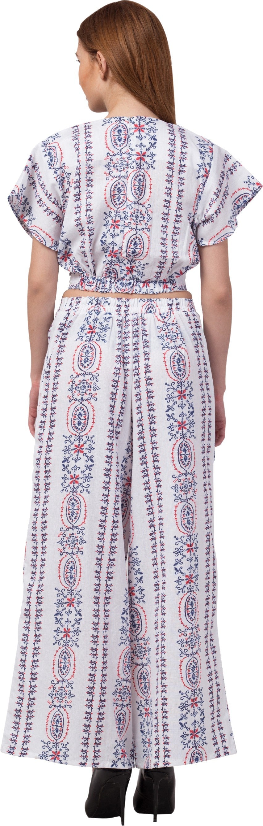 PAVONINE White Color Printed Crop Top And Flared Palazzo Set For Girls & Women - Swadesiicart