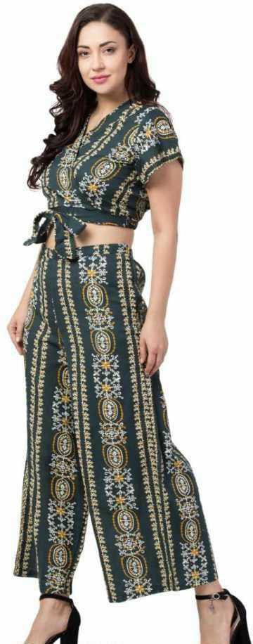 PAVONINE Bottle Green Color Printed Crop Top And Flared Palazzo Set For Girls & Women - Swadesiicart