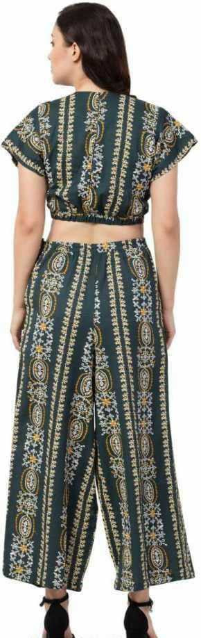 PAVONINE Bottle Green Color Printed Crop Top And Flared Palazzo Set For Girls & Women - Swadesiicart