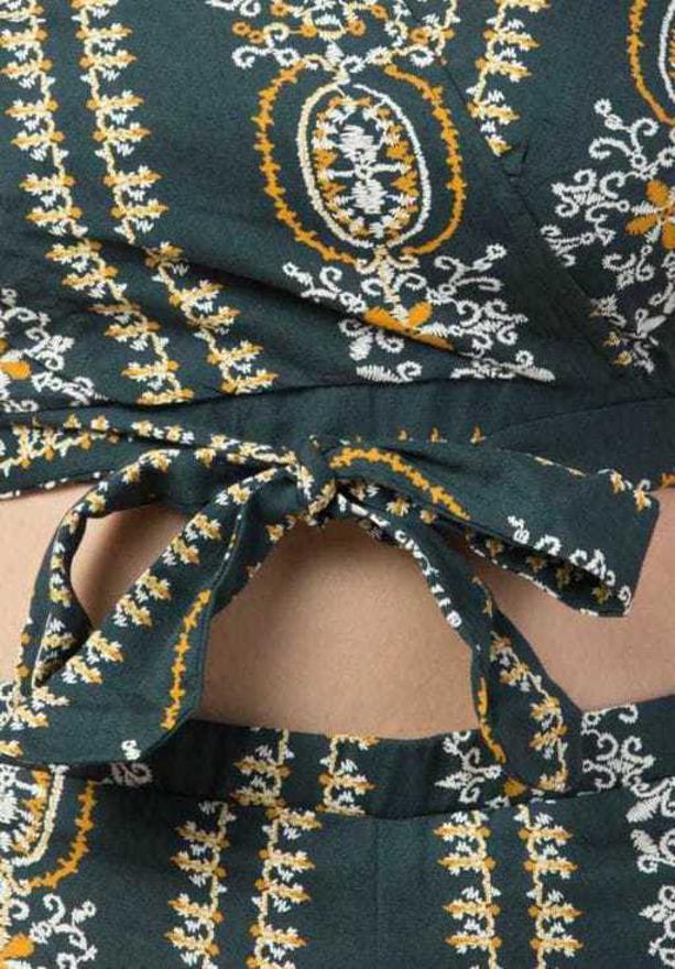 PAVONINE Bottle Green Color Printed Crop Top And Flared Palazzo Set For Girls & Women - Swadesiicart