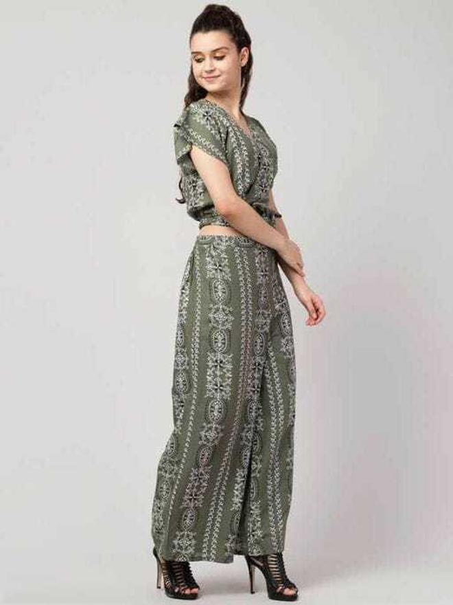 PAVONINE Pista Green Color Printed Crop Top And Flared Palazzo Set For Girls & Women - Swadesiicart