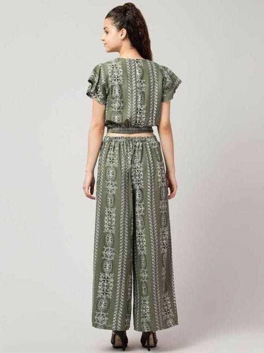 PAVONINE Pista Green Color Printed Crop Top And Flared Palazzo Set For Girls & Women - Swadesiicart