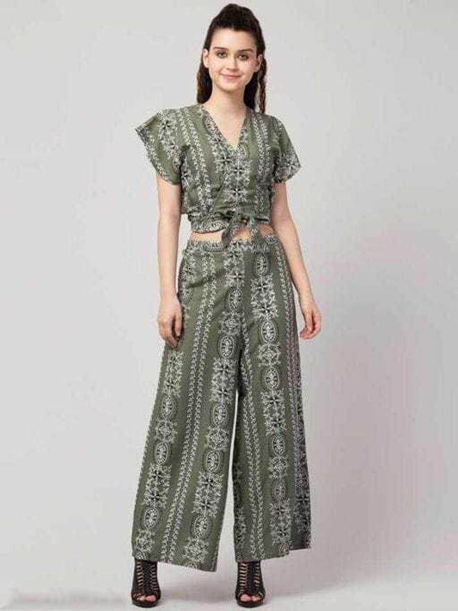 PAVONINE Pista Green Color Printed Crop Top And Flared Palazzo Set For Girls & Women - Swadesiicart