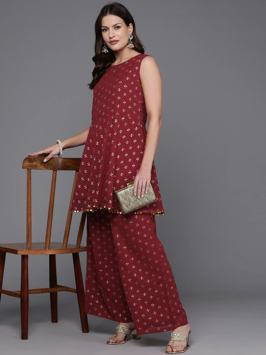 Ahalyaa Women Printed Tunic with Palazzos - Maroon Color | Swadesiicart