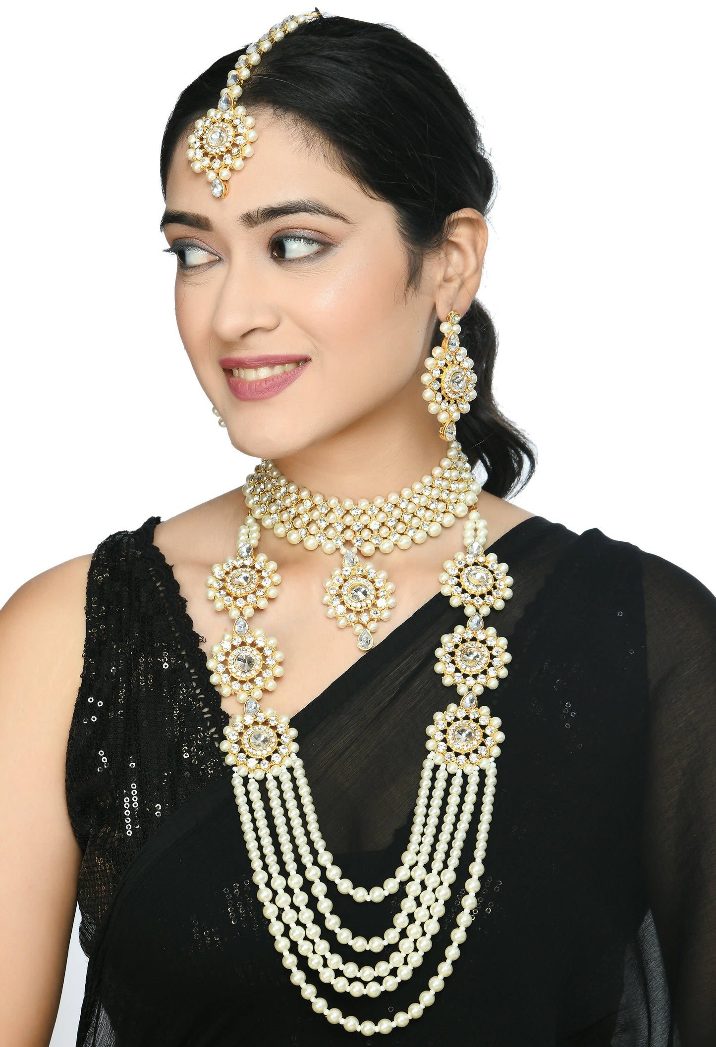 Mominos Fashion Johar Kamal Gold-Polished Rani Haar with Off white Pearls Jewellery Set - Swadesiicart