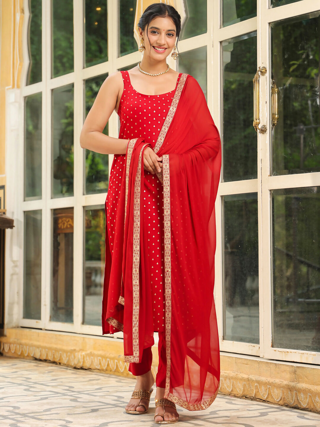 Janasya Maroon Rayon Foil Print Kurta,Bottom & Dupatta | Swadesiicart