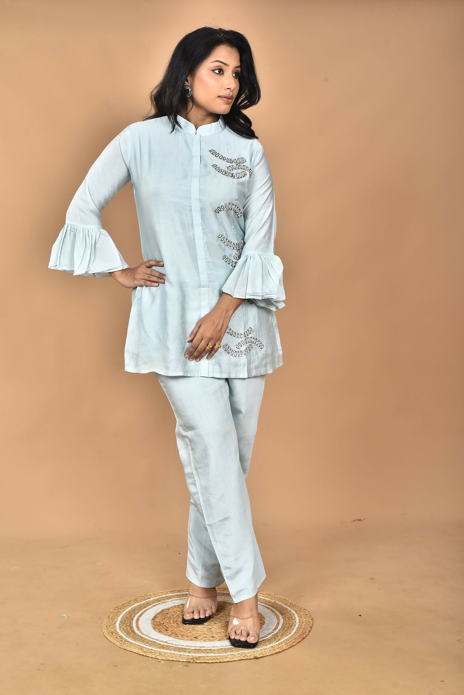 Morchari Women Hand Embroidery Co-Ords-Light Blue - Swadesiicart
