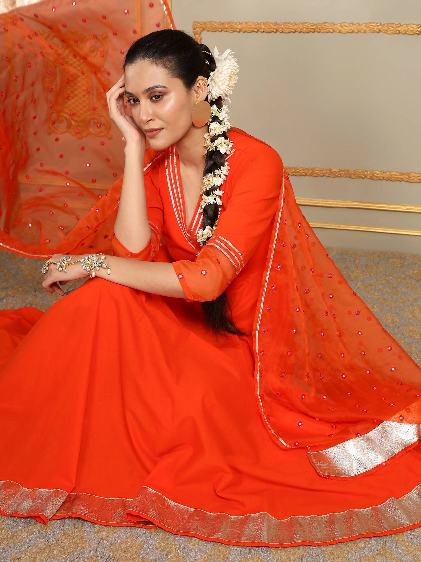 Pomcha Jaipur Orange Saadgi Orange Mirror Work Anarkali Set | Swadesiicart