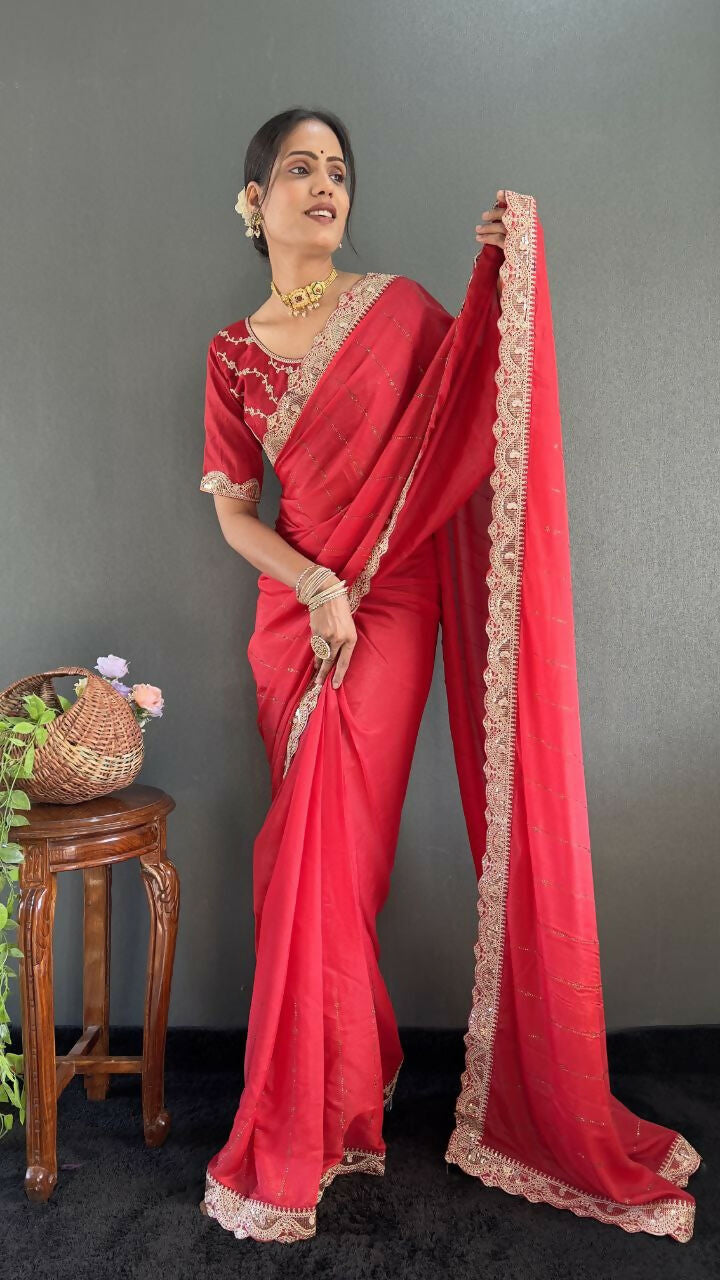 Vastranavya Red Georgette Silk Swarovski & Heavy Lace Work Ready to Wear Saree | Swadesiicart