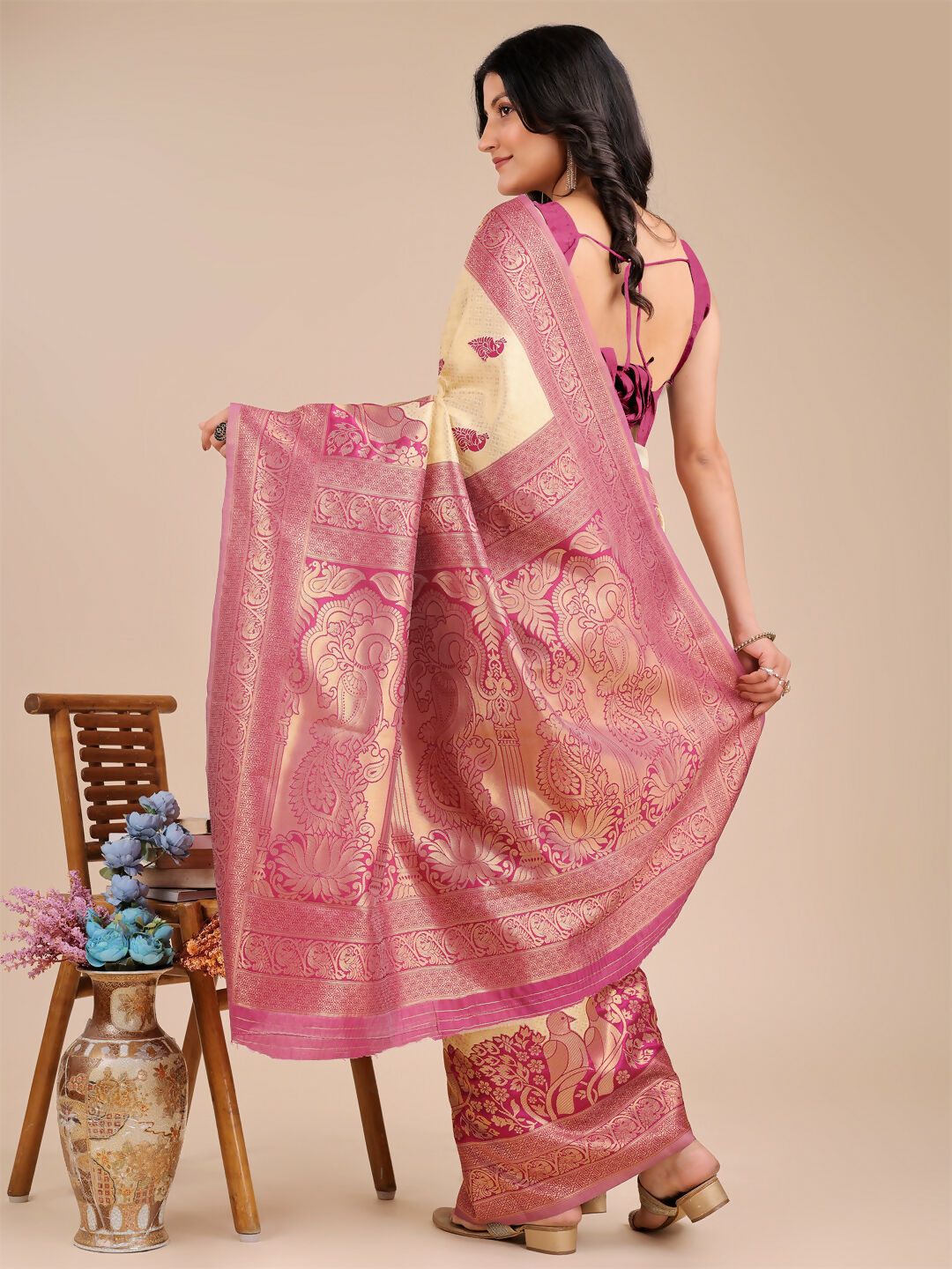 Astita Banarasi Silk Cream & Magenta Saree | Swadesiicart