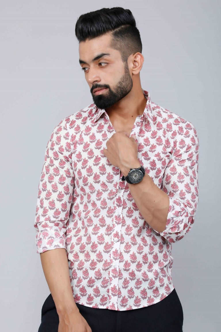 Miravan Men's White & Pink Spread Collar Floral Print Shirt | Swadesiicart