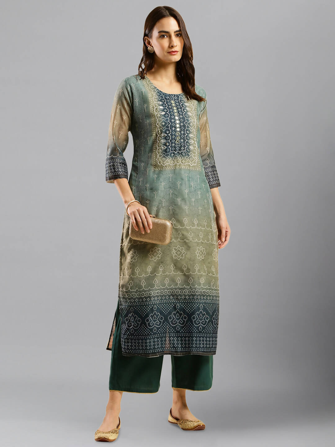 Blue Chinon Digital Printed With Hand Work Kurta - Himanshi - Swadesiicart