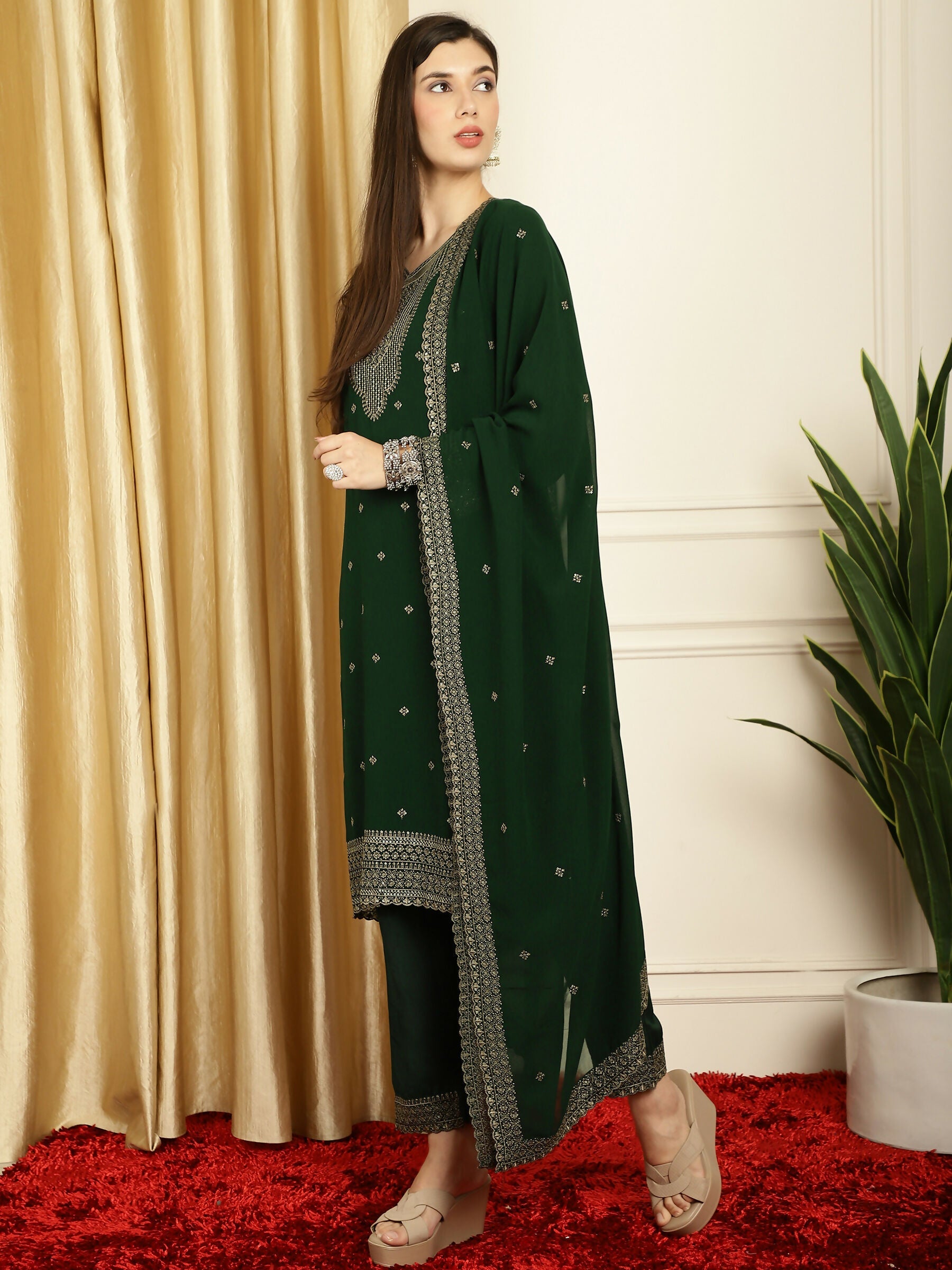 Jyoti Fashion Women's Green Georgette Resham Thread & Sequin Kurta with Trouser & Dupatta | Swadesiicart