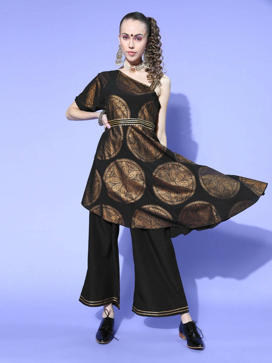 Ahalyaa Women Black Colour Crepe Printed Top Palazzo Set | Swadesiicart