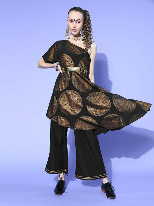 Ahalyaa Women Black Colour Crepe Printed Top Palazzo Set | Swadesiicart