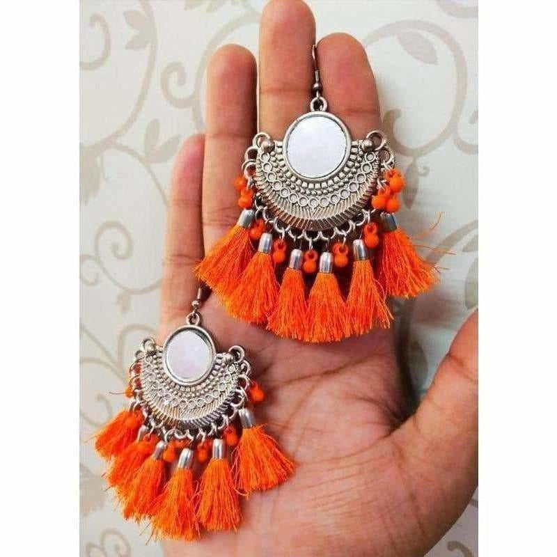 MS Fashion India Half Moon Chandbali Orange Color Silk Threads Mirror Tassel Silver Earrings | Swadesiicart