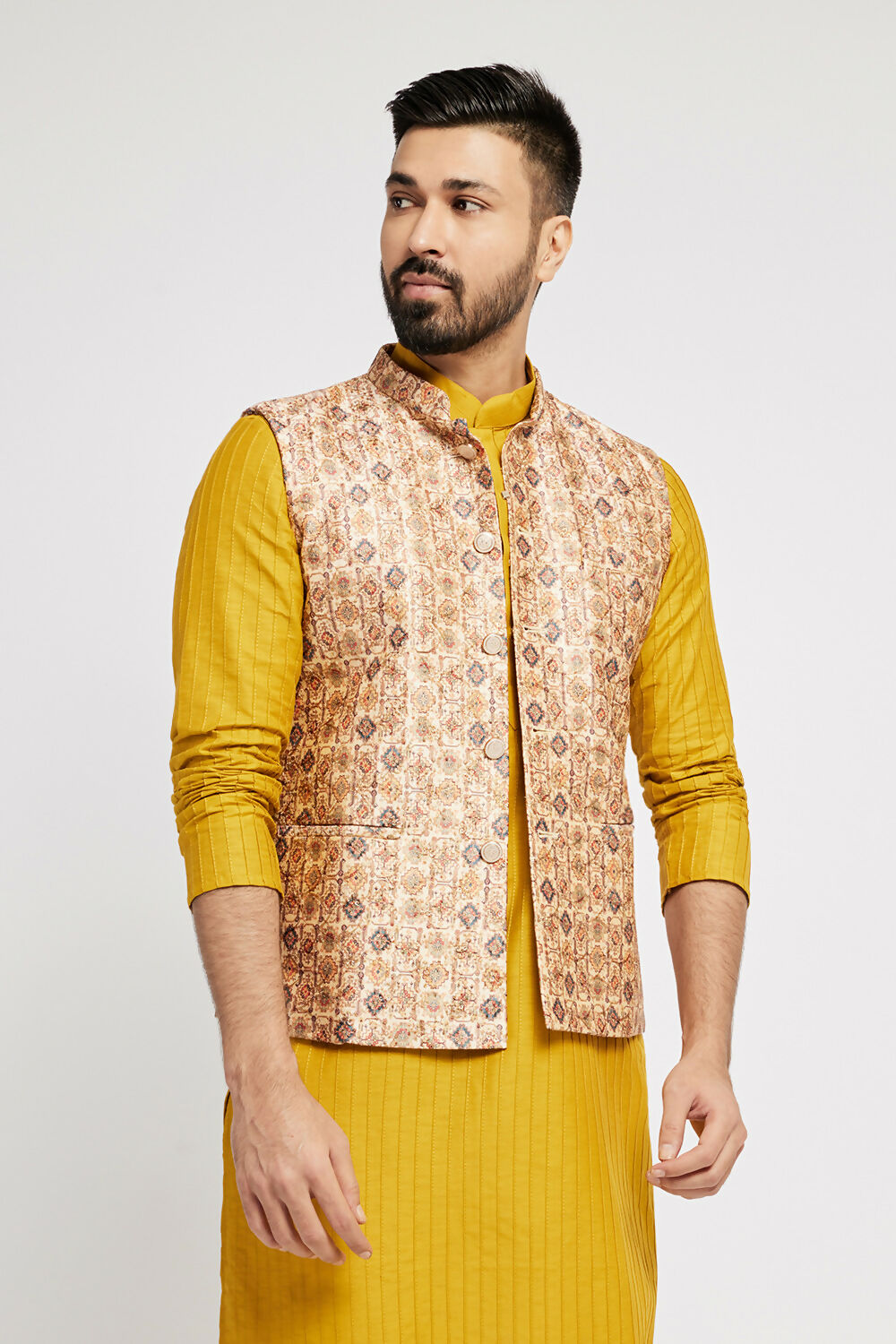 Ethnic India Cream Bundi Men's Jacket Abstract Polyester | Swadesiicart