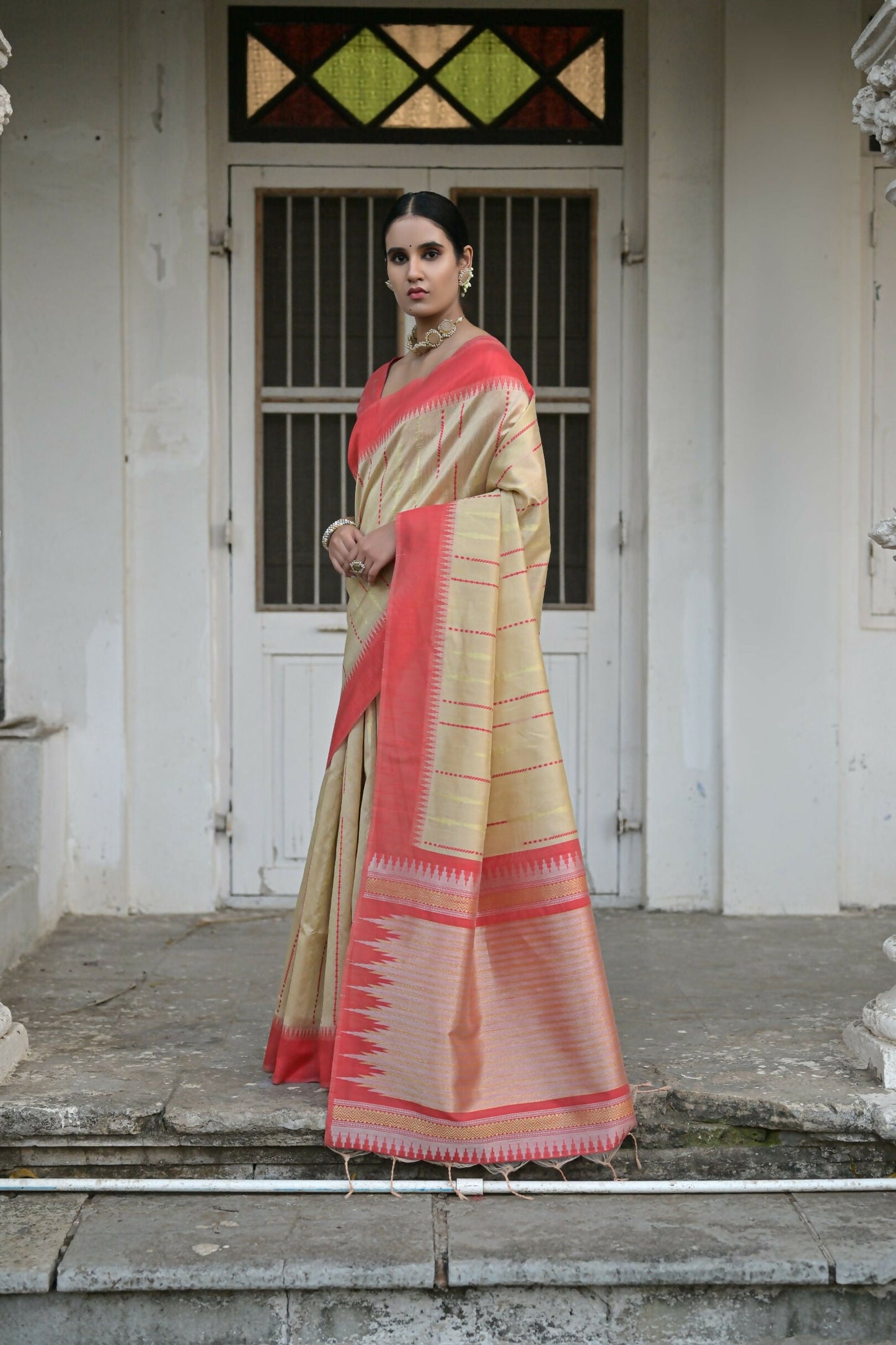 Vishnu Weaves Women's Chiku Raw Silk Saree with Blouse - Swadesiicart