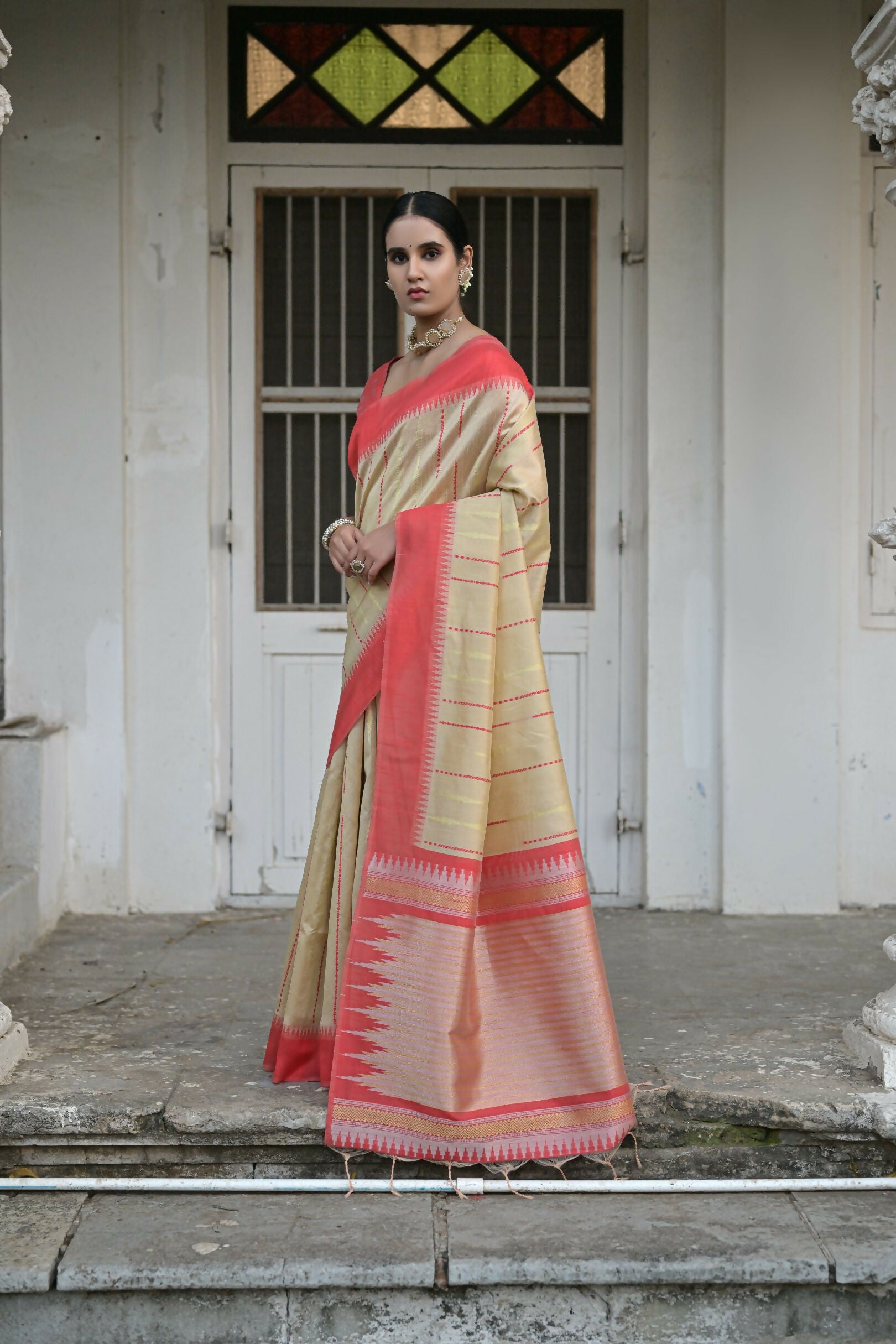 Vishnu Weaves Women's Chiku Raw Silk Saree with Blouse - Swadesiicart