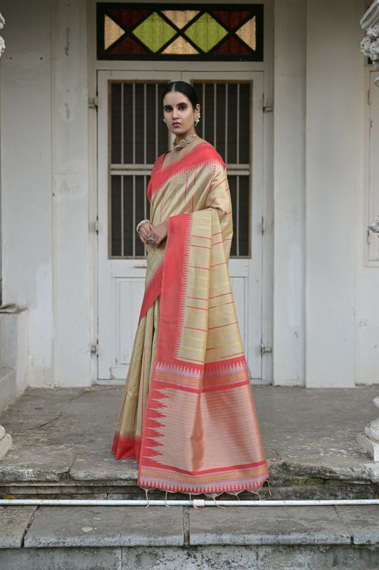 Vishnu Weaves Women's Chiku Raw Silk Saree with Blouse - Swadesiicart