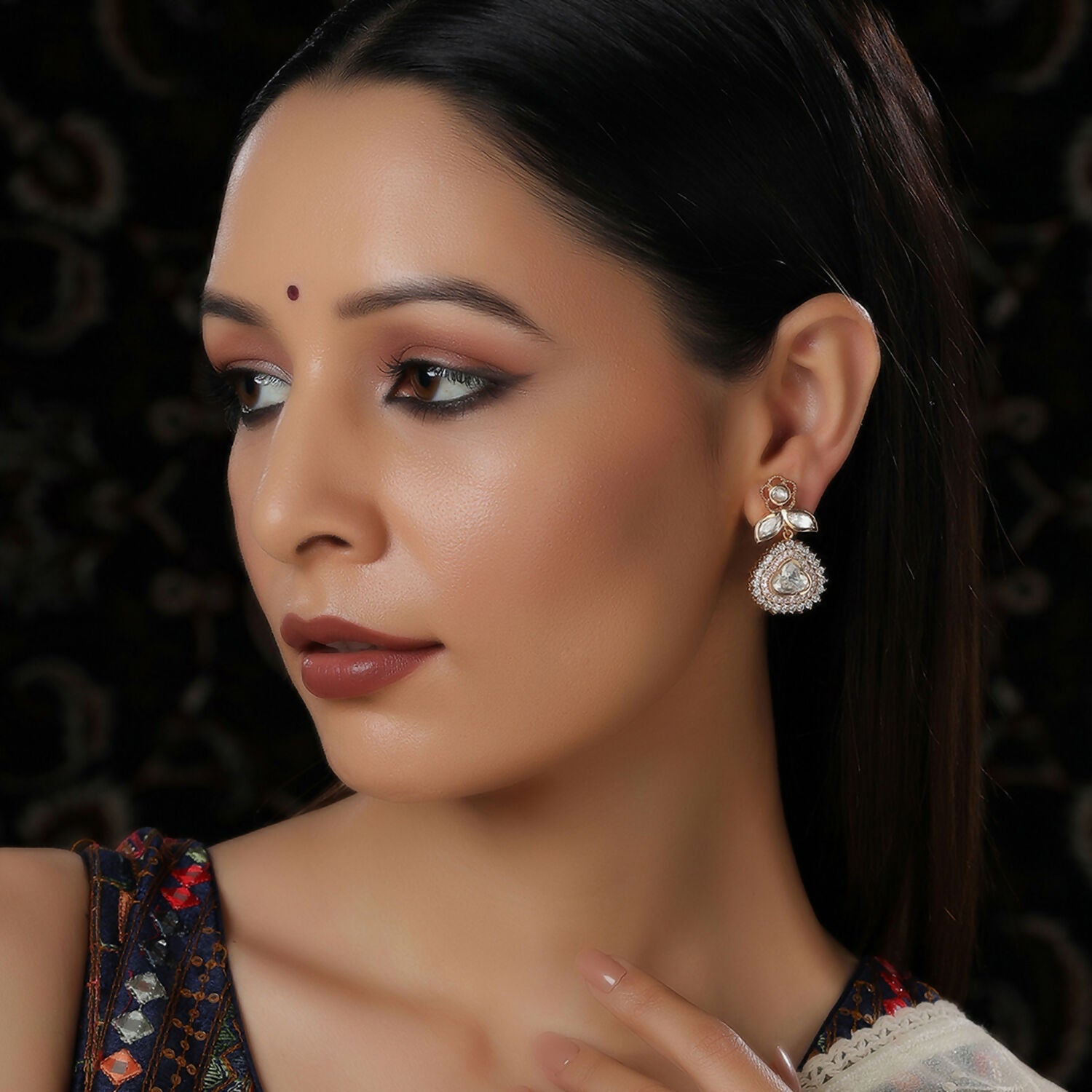 Kundan and Diamond with Pink Stones Dangler Earrings (Gold) - Ruby Raang - Ruby Raang Studio