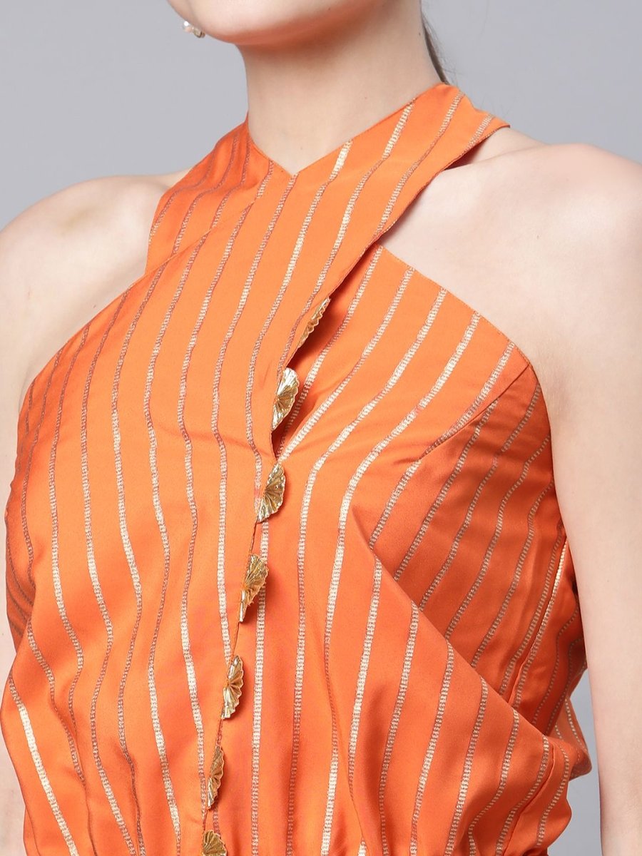 Ahalyaa Womens Orange Crepe Gold Stripped Print Jumpsuit - Swadesiicart