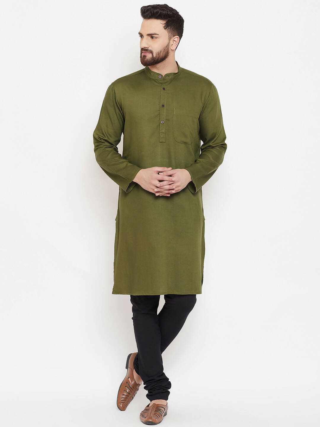 Even Apparels Green Linen Men's Kurta With Band Collar | Swadesiicart